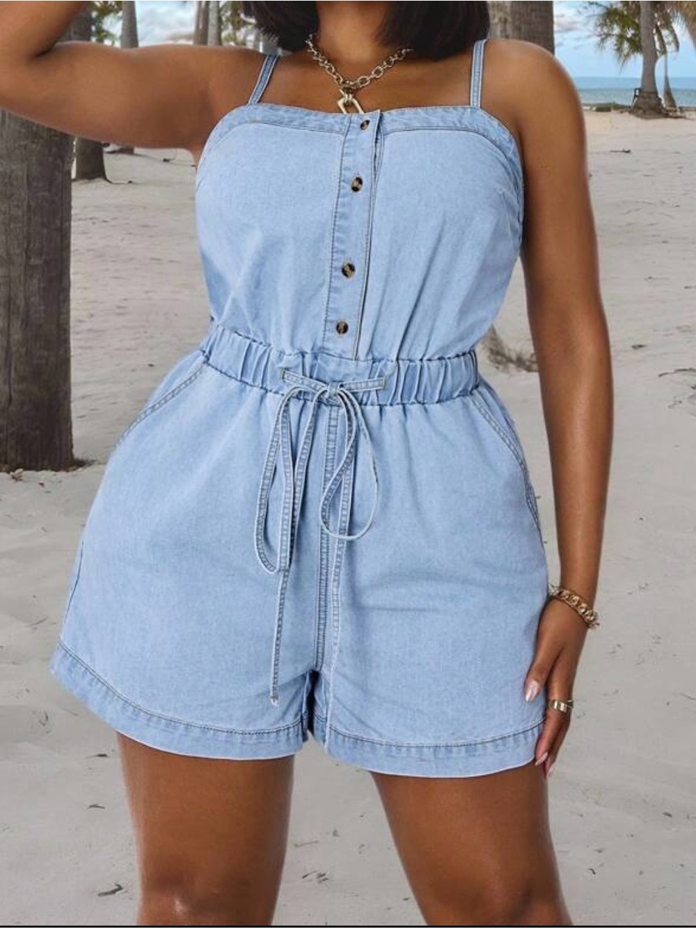 Women’s Plus Size Sleeveless Washed Light Blue Romper